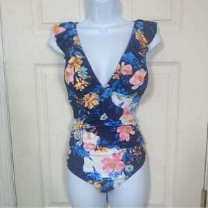 NWT Cupshe‎ One Piece Swimsuit Blue Floral Ruffles Size Large